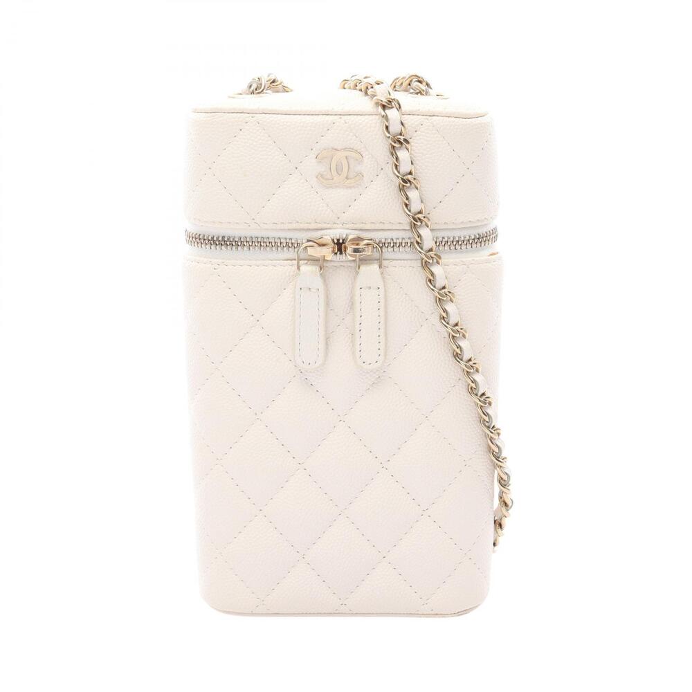 Chanel Matelasse Phone Holder Shoulder Bag Caviar Leather Grained Calfskin White